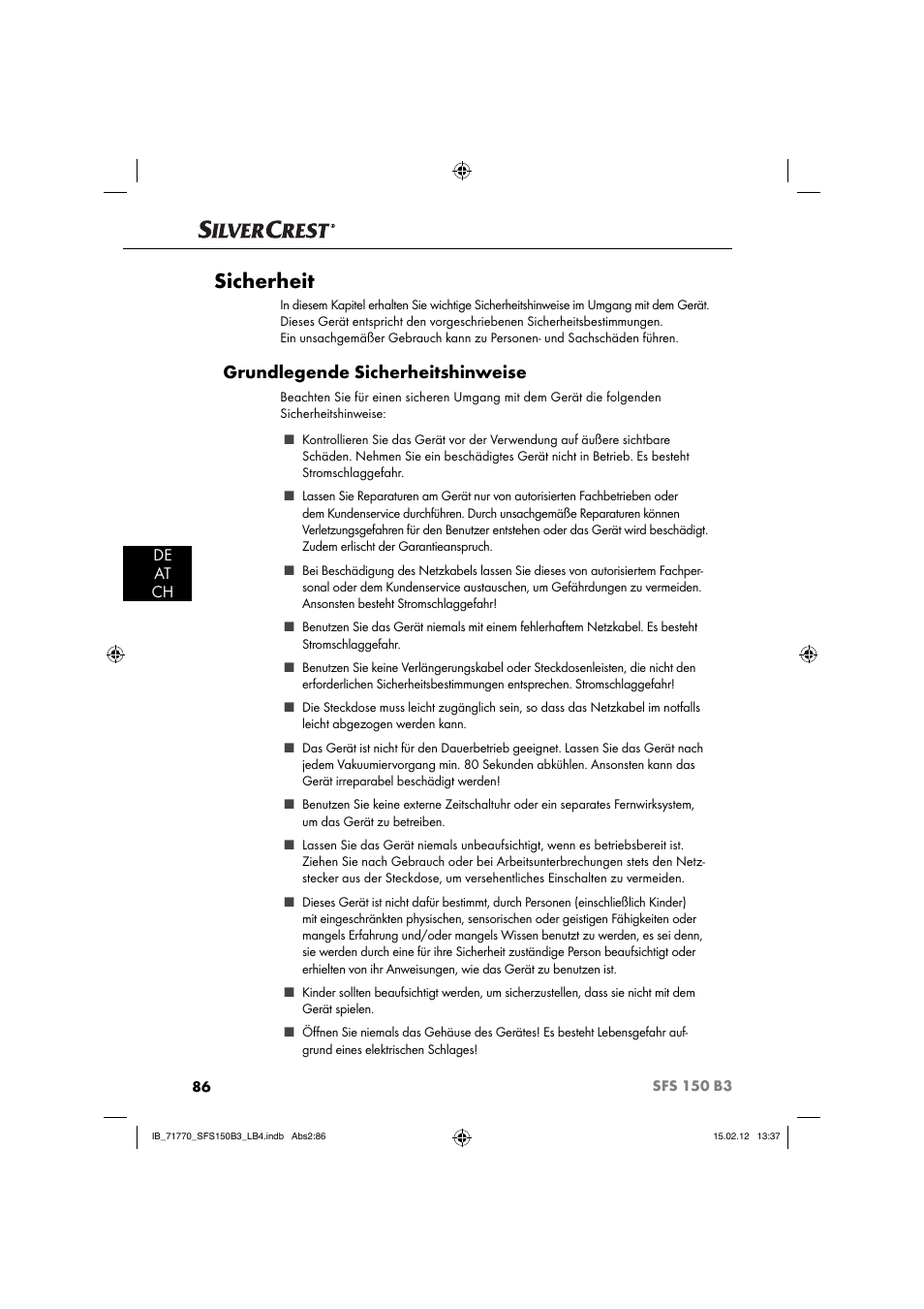 Sicherheit, Grundlegende sicherheitshinweise, De at ch | Silvercrest SFS 150 B3 User Manual | Page 88 / 104