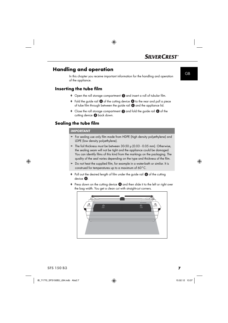 Handling and operation, Inserting the tube ﬁ lm, Sealing the tube ﬁ lm | Silvercrest SFS 150 B3 User Manual | Page 9 / 104