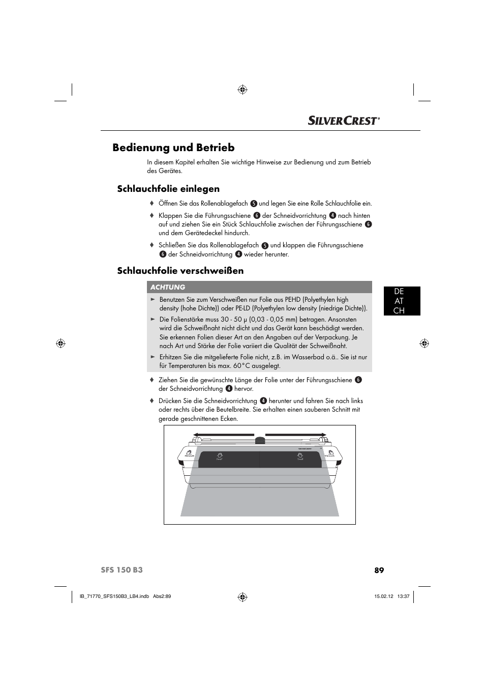 Bedienung und betrieb, Schlauchfolie einlegen, Schlauchfolie verschweißen | De at ch | Silvercrest SFS 150 B3 User Manual | Page 91 / 104