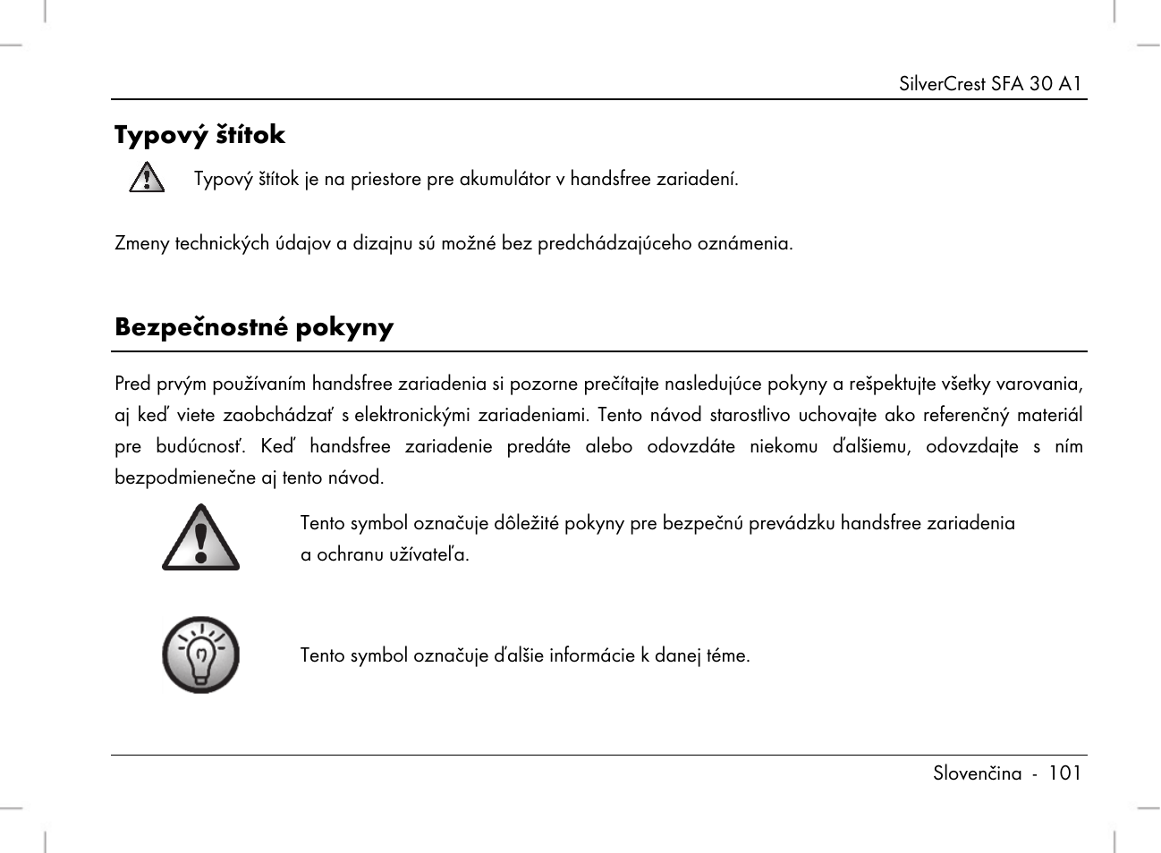 Typový štítok, Bezpečnostné pokyny | Silvercrest SFA 30 A1 User Manual | Page 103 / 144