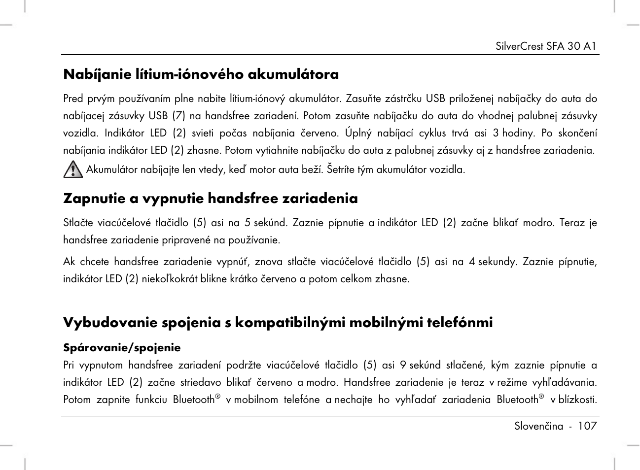 Nabíjanie lítium-iónového akumulátora, Zapnutie a vypnutie handsfree zariadenia | Silvercrest SFA 30 A1 User Manual | Page 109 / 144