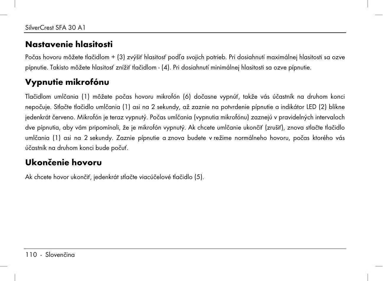 Nastavenie hlasitosti, Vypnutie mikrofónu, Ukončenie hovoru | Silvercrest SFA 30 A1 User Manual | Page 112 / 144