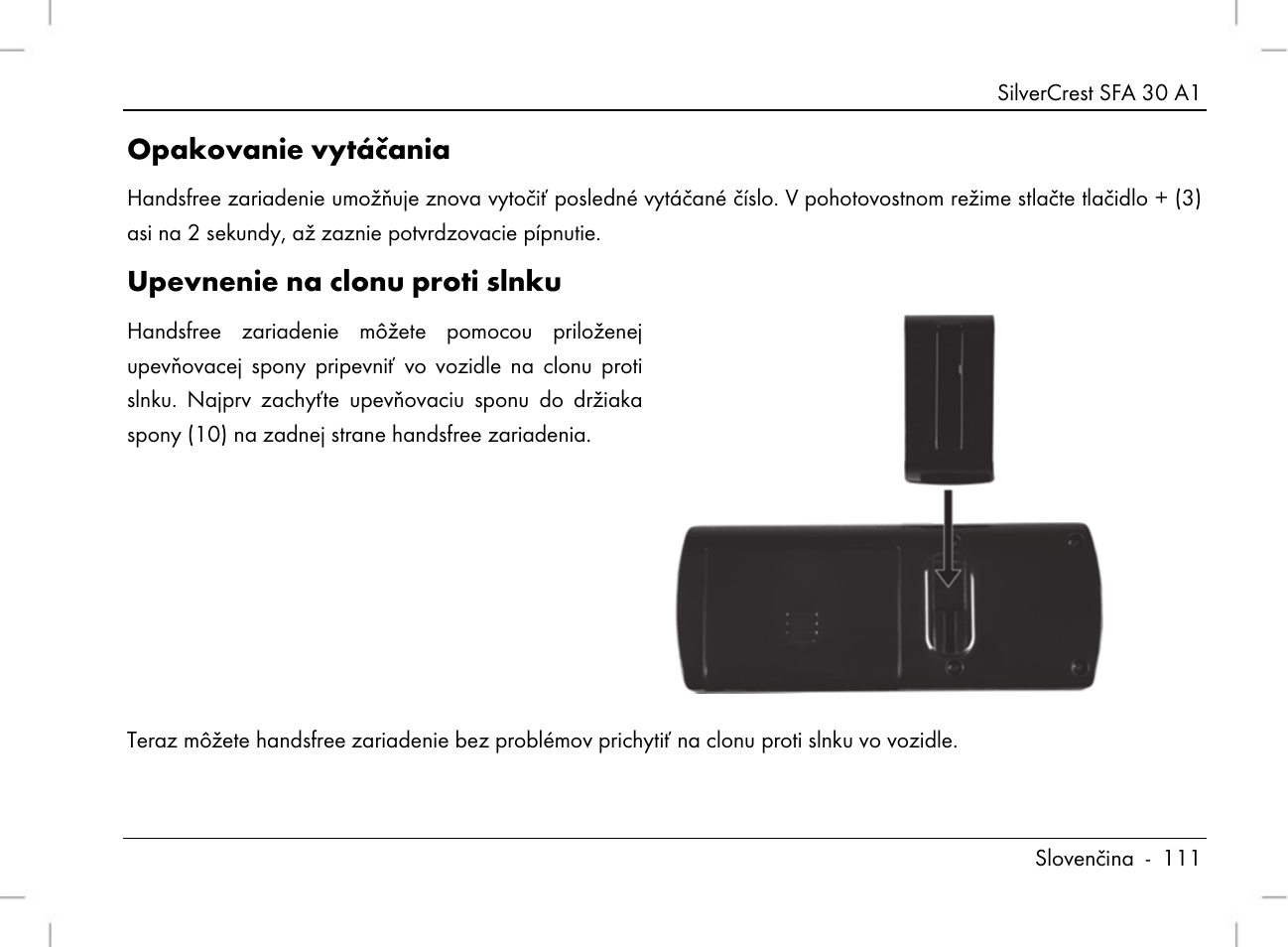 Opakovanie vytáčania, Upevnenie na clonu proti slnku | Silvercrest SFA 30 A1 User Manual | Page 113 / 144