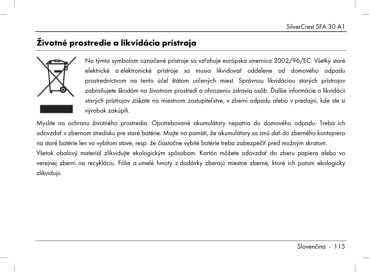 Životné prostredie a likvidácia prístroja | Silvercrest SFA 30 A1 User Manual | Page 117 / 144