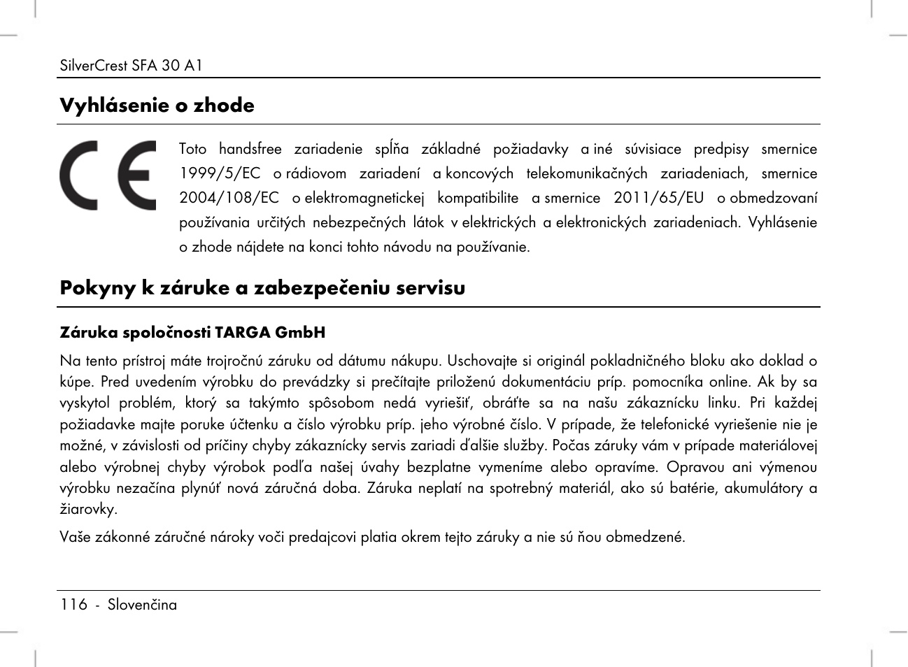 Vyhlásenie o zhode, Pokyny k záruke a zabezpečeniu servisu | Silvercrest SFA 30 A1 User Manual | Page 118 / 144