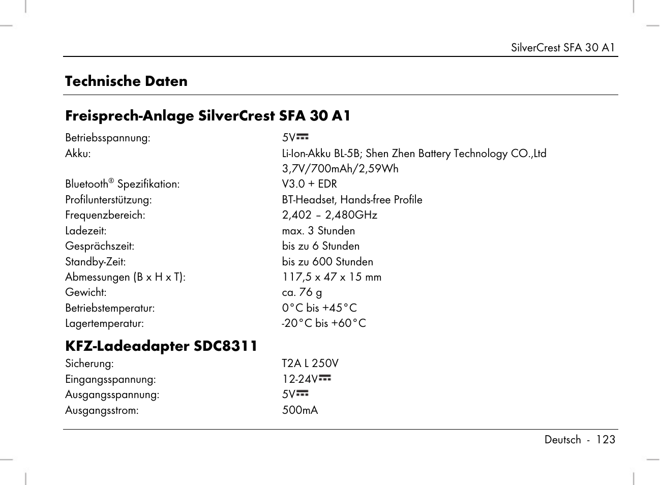 Kfz-ladeadapter sdc8311 | Silvercrest SFA 30 A1 User Manual | Page 125 / 144