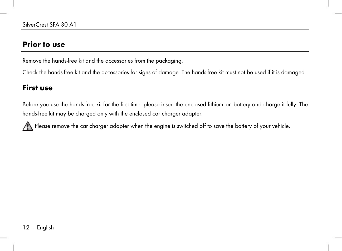 Prior to use, First use | Silvercrest SFA 30 A1 User Manual | Page 14 / 144