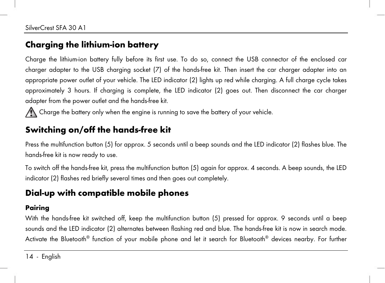 Charging the lithium-ion battery, Switching on/off the hands-free kit, Dial-up with compatible mobile phones | Silvercrest SFA 30 A1 User Manual | Page 16 / 144