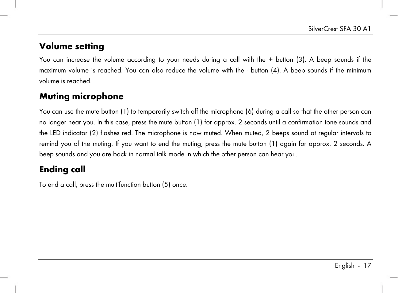 Volume setting, Muting microphone, Ending call | Silvercrest SFA 30 A1 User Manual | Page 19 / 144