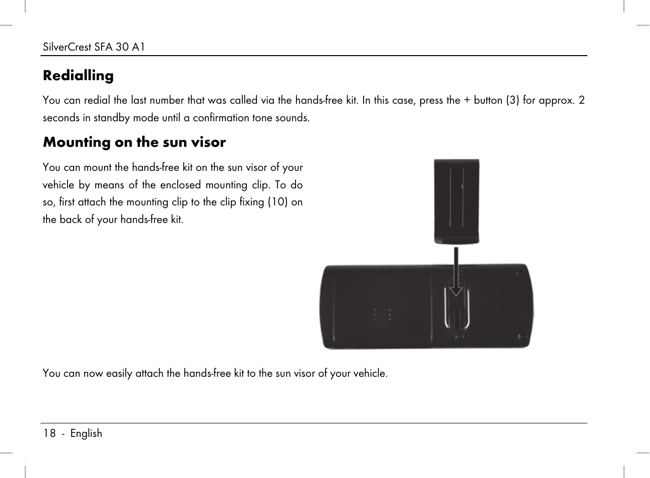 Redialling, Mounting on the sun visor | Silvercrest SFA 30 A1 User Manual | Page 20 / 144