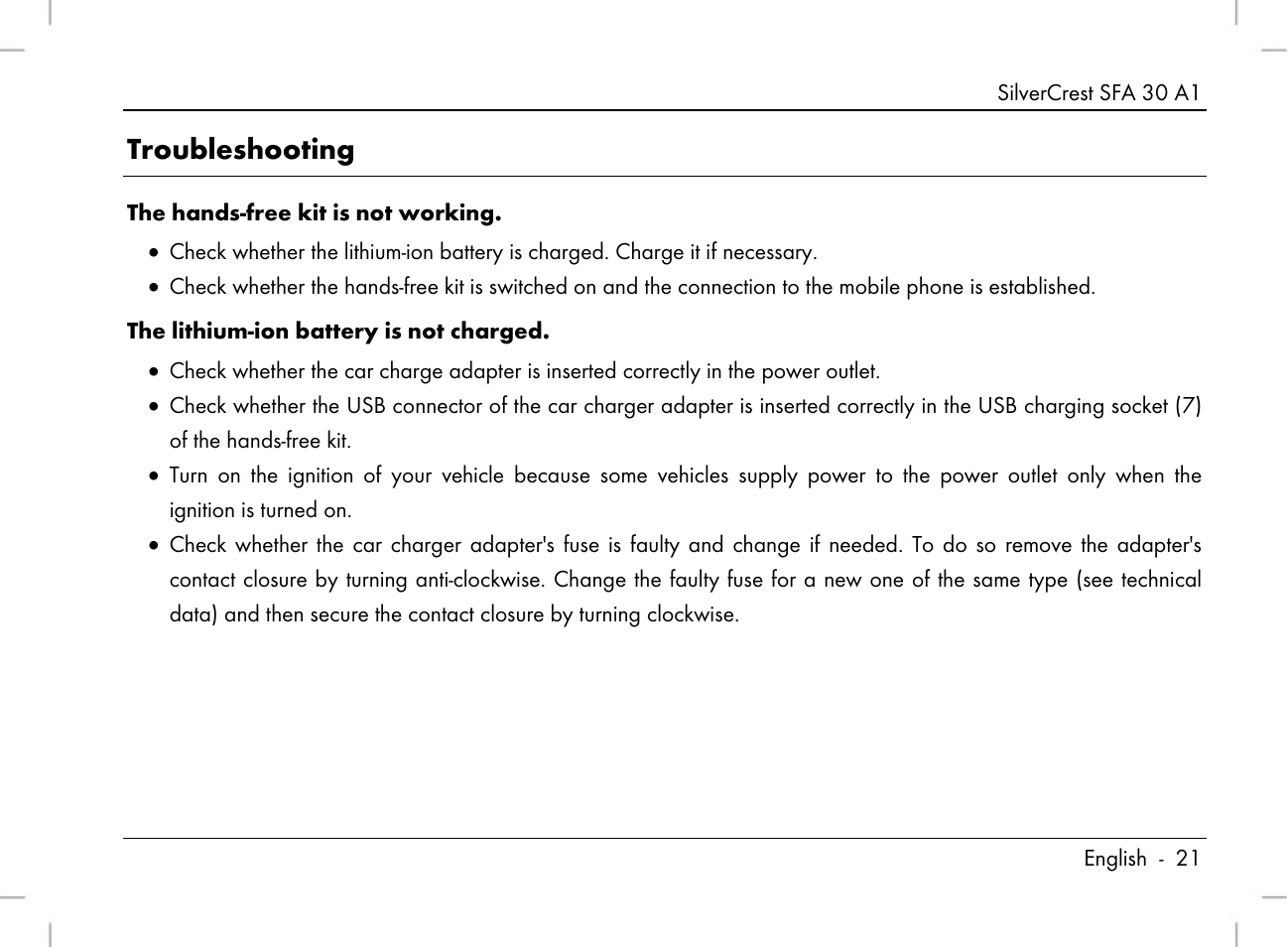 Troubleshooting | Silvercrest SFA 30 A1 User Manual | Page 23 / 144