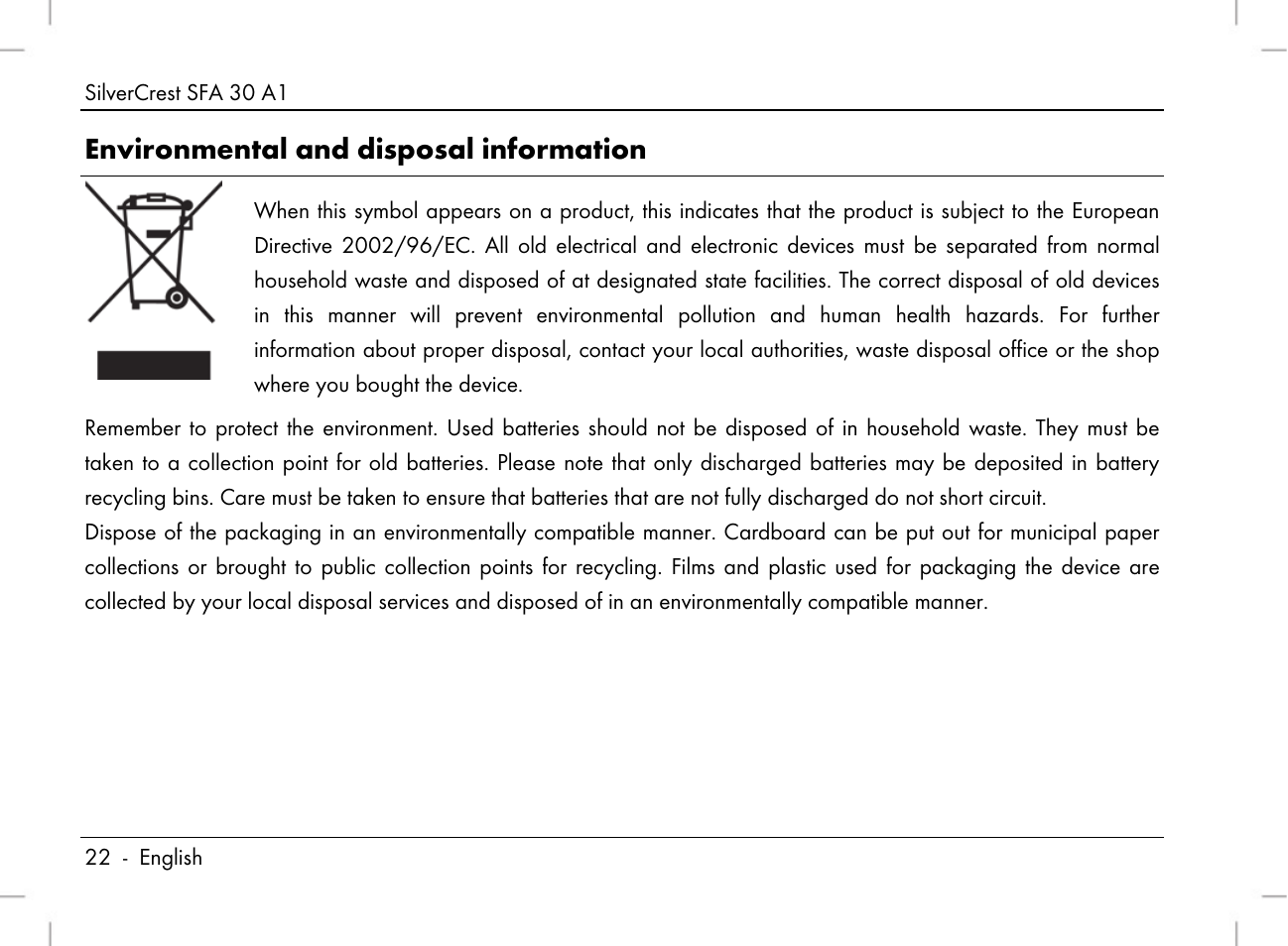 Environmental and disposal information | Silvercrest SFA 30 A1 User Manual | Page 24 / 144