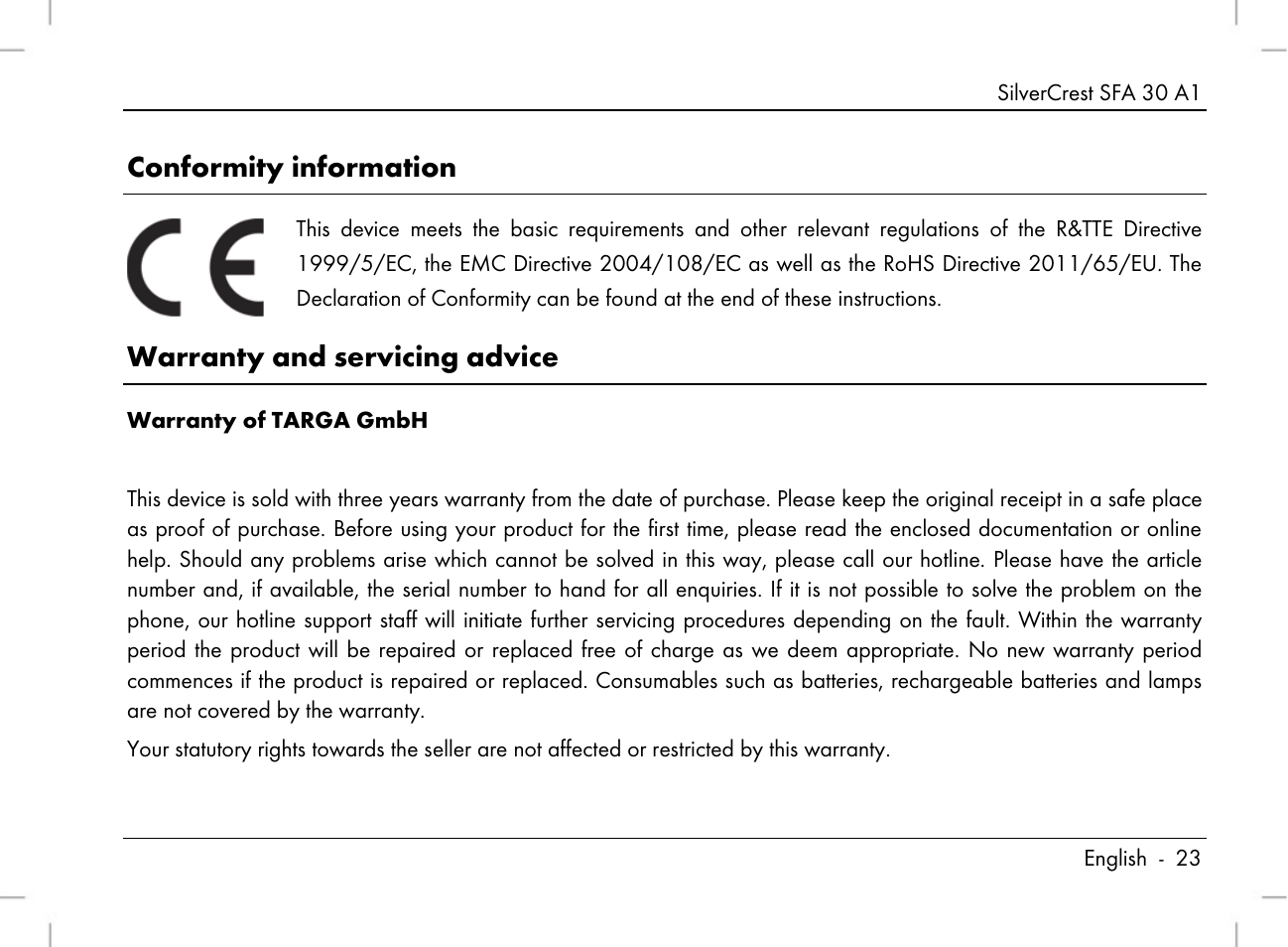 Conformity information, Warranty and servicing advice | Silvercrest SFA 30 A1 User Manual | Page 25 / 144