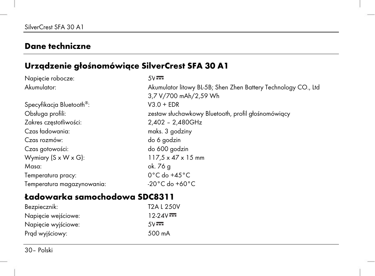 Ładowarka samochodowa sdc8311 | Silvercrest SFA 30 A1 User Manual | Page 32 / 144