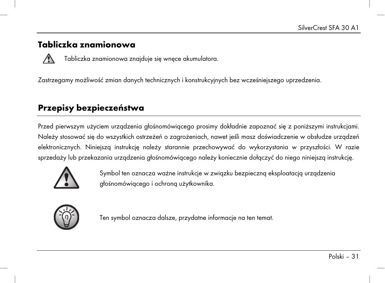 Tabliczka znamionowa, Przepisy bezpieczeństwa | Silvercrest SFA 30 A1 User Manual | Page 33 / 144