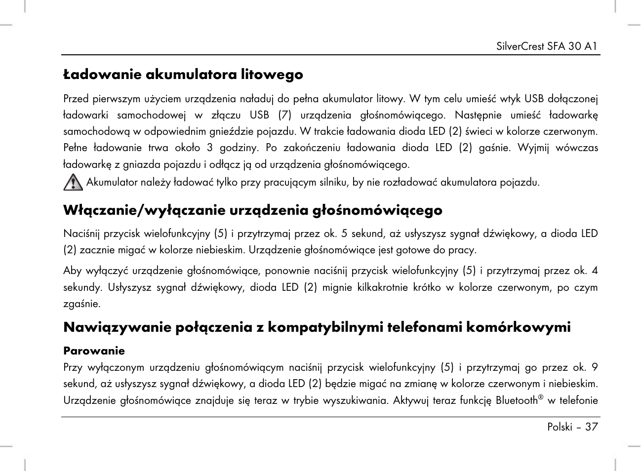 Ładowanie akumulatora litowego, Włączanie/wyłączanie urządzenia głośnomówiącego | Silvercrest SFA 30 A1 User Manual | Page 39 / 144