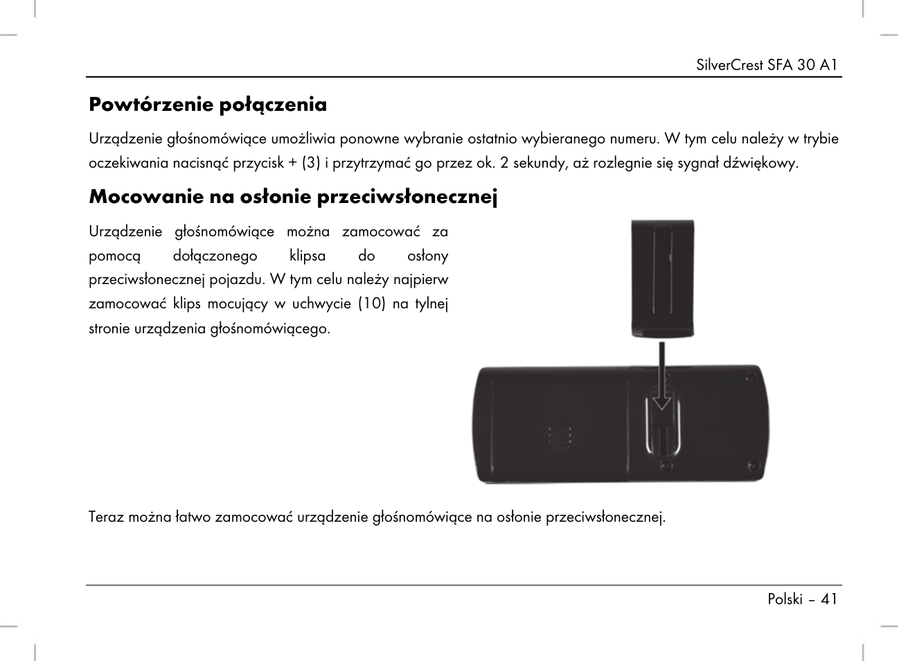 Powtórzenie połączenia, Mocowanie na osłonie przeciwsłonecznej | Silvercrest SFA 30 A1 User Manual | Page 43 / 144