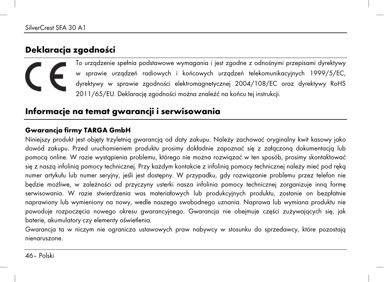 Deklaracja zgodności, Informacje na temat gwarancji i serwisowania | Silvercrest SFA 30 A1 User Manual | Page 48 / 144