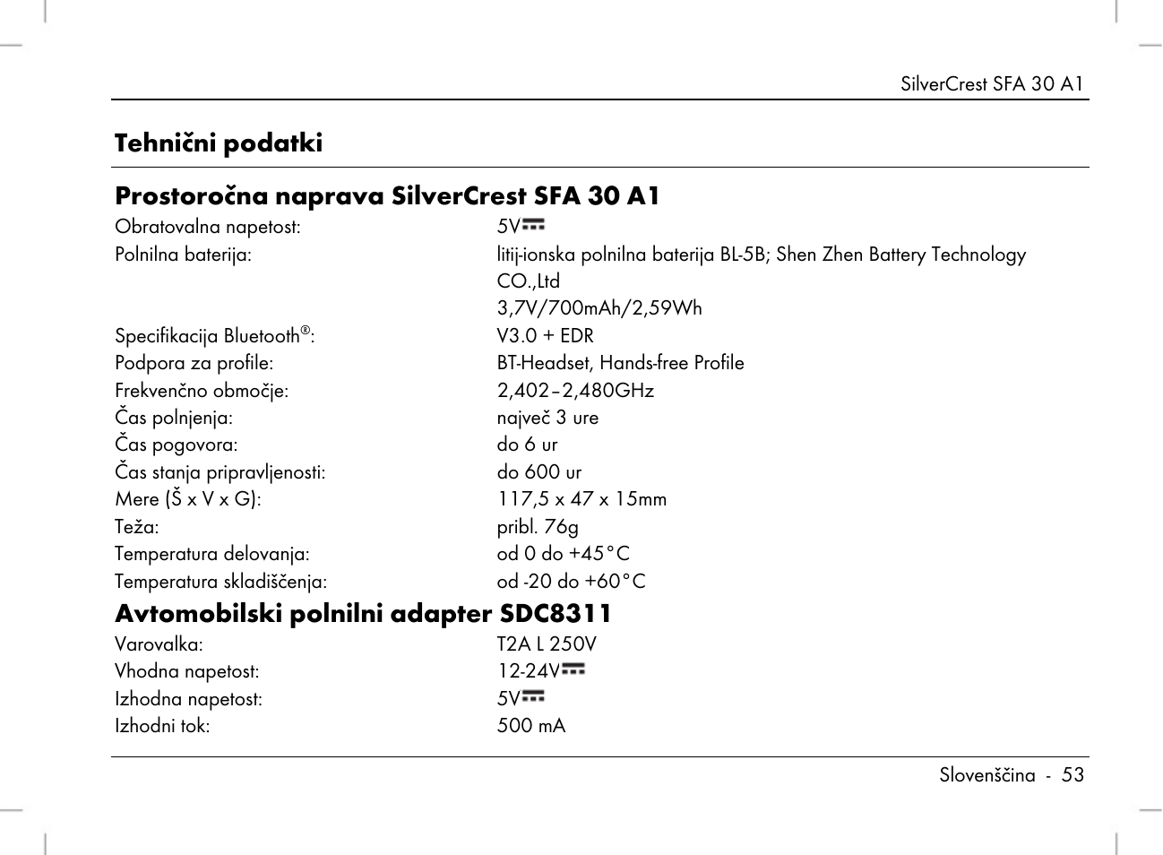 Avtomobilski polnilni adapter sdc8311 | Silvercrest SFA 30 A1 User Manual | Page 55 / 144