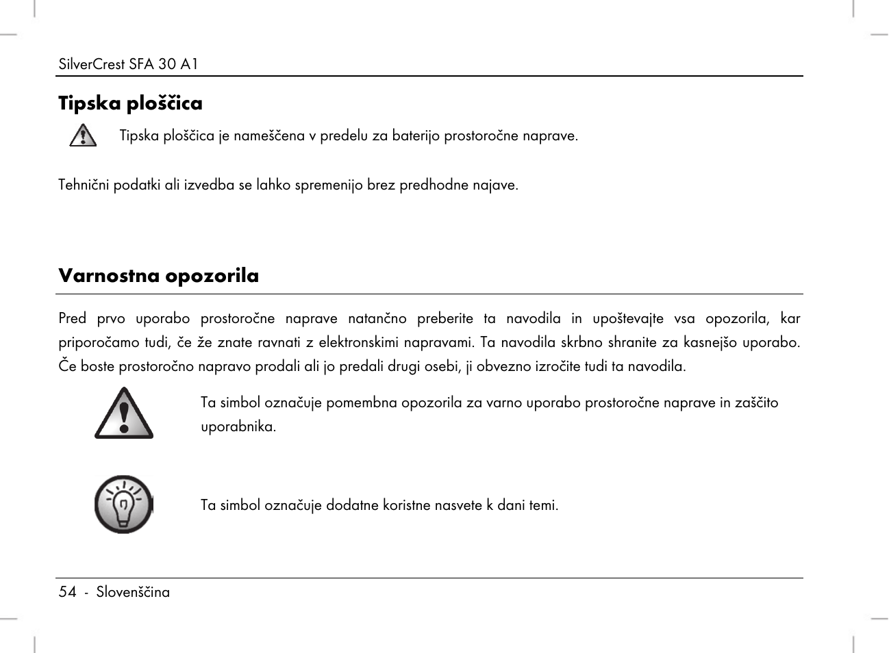 Tipska ploščica, Varnostna opozorila | Silvercrest SFA 30 A1 User Manual | Page 56 / 144