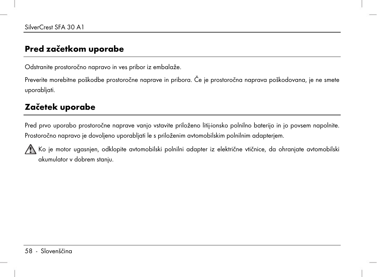 Pred začetkom uporabe, Začetek uporabe | Silvercrest SFA 30 A1 User Manual | Page 60 / 144