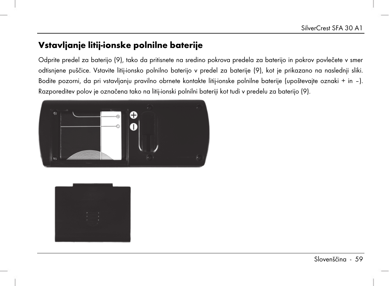 Vstavljanje litij-ionske polnilne baterije | Silvercrest SFA 30 A1 User Manual | Page 61 / 144