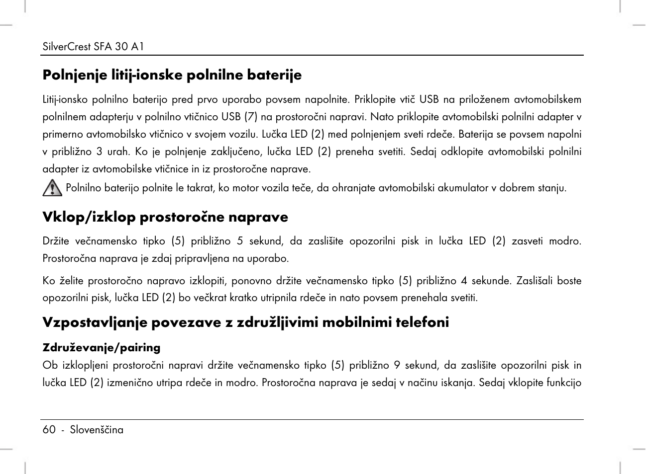 Polnjenje litij-ionske polnilne baterije, Vklop/izklop prostoročne naprave | Silvercrest SFA 30 A1 User Manual | Page 62 / 144