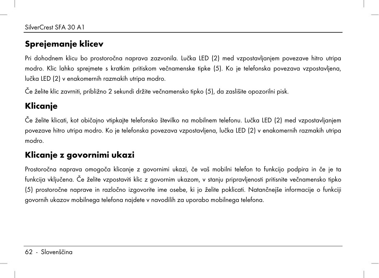 Sprejemanje klicev, Klicanje, Klicanje z govornimi ukazi | Silvercrest SFA 30 A1 User Manual | Page 64 / 144