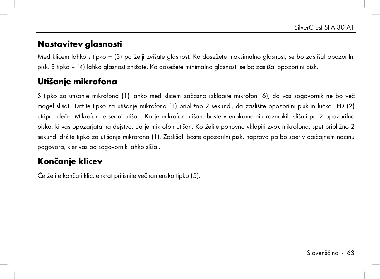 Nastavitev glasnosti, Utišanje mikrofona, Končanje klicev | Silvercrest SFA 30 A1 User Manual | Page 65 / 144