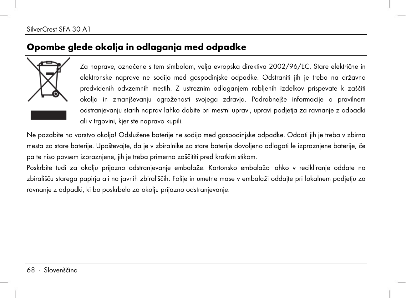 Opombe glede okolja in odlaganja med odpadke | Silvercrest SFA 30 A1 User Manual | Page 70 / 144