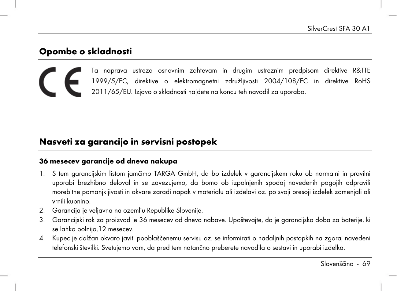 Opombe o skladnosti, Nasveti za garancijo in servisni postopek | Silvercrest SFA 30 A1 User Manual | Page 71 / 144
