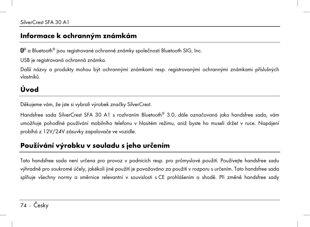 Informace k ochranným známkám, Úvod, Používání výrobku v souladu s jeho určením | Česky | Silvercrest SFA 30 A1 User Manual | Page 76 / 144