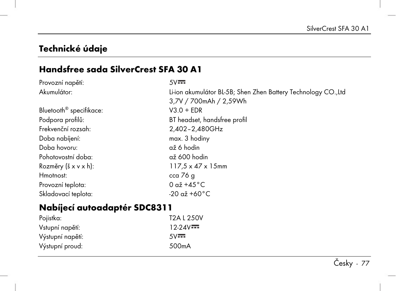 Nabíjecí autoadaptér sdc8311, Česky | Silvercrest SFA 30 A1 User Manual | Page 79 / 144