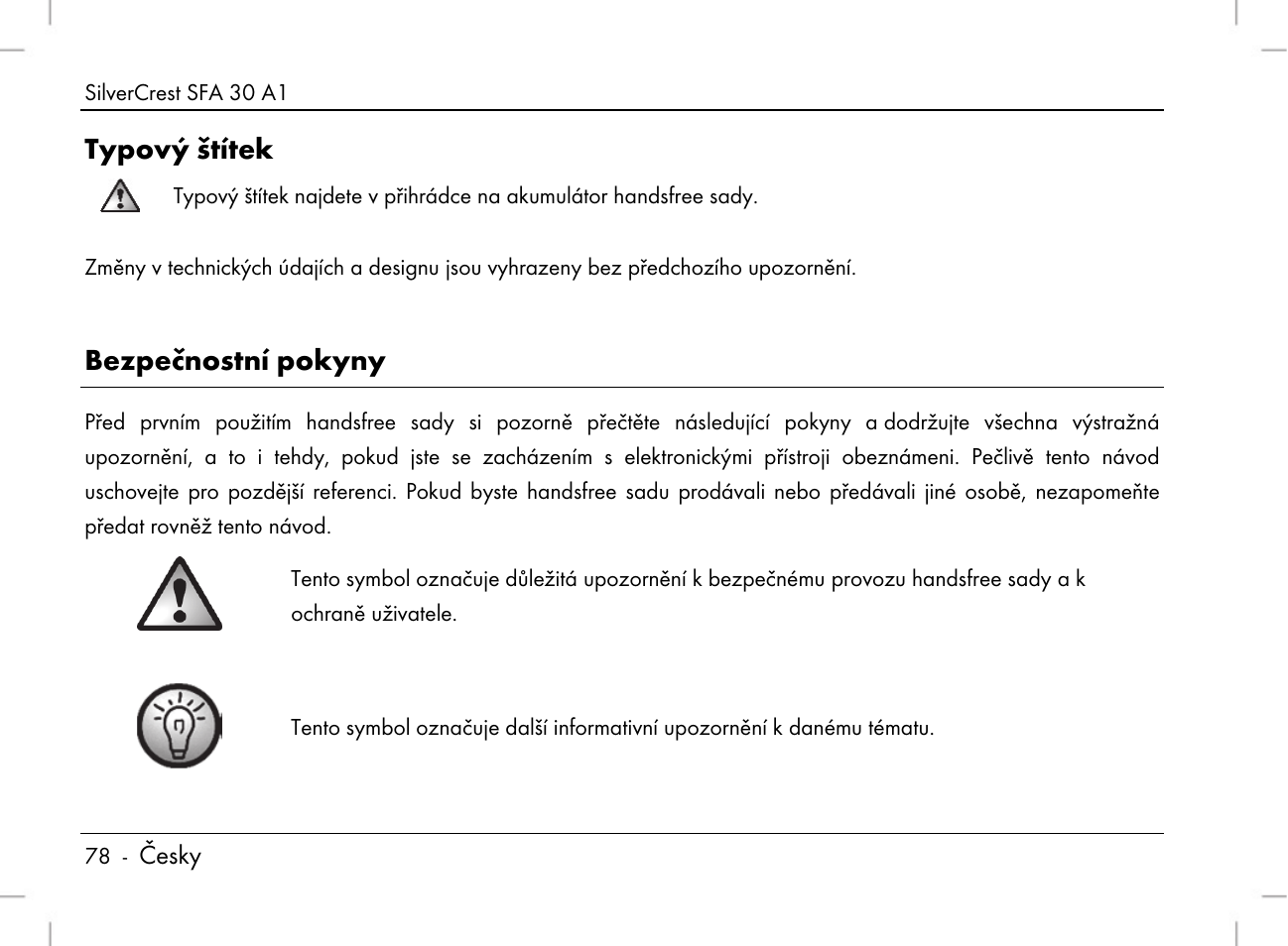 Typový štítek, Bezpečnostní pokyny | Silvercrest SFA 30 A1 User Manual | Page 80 / 144