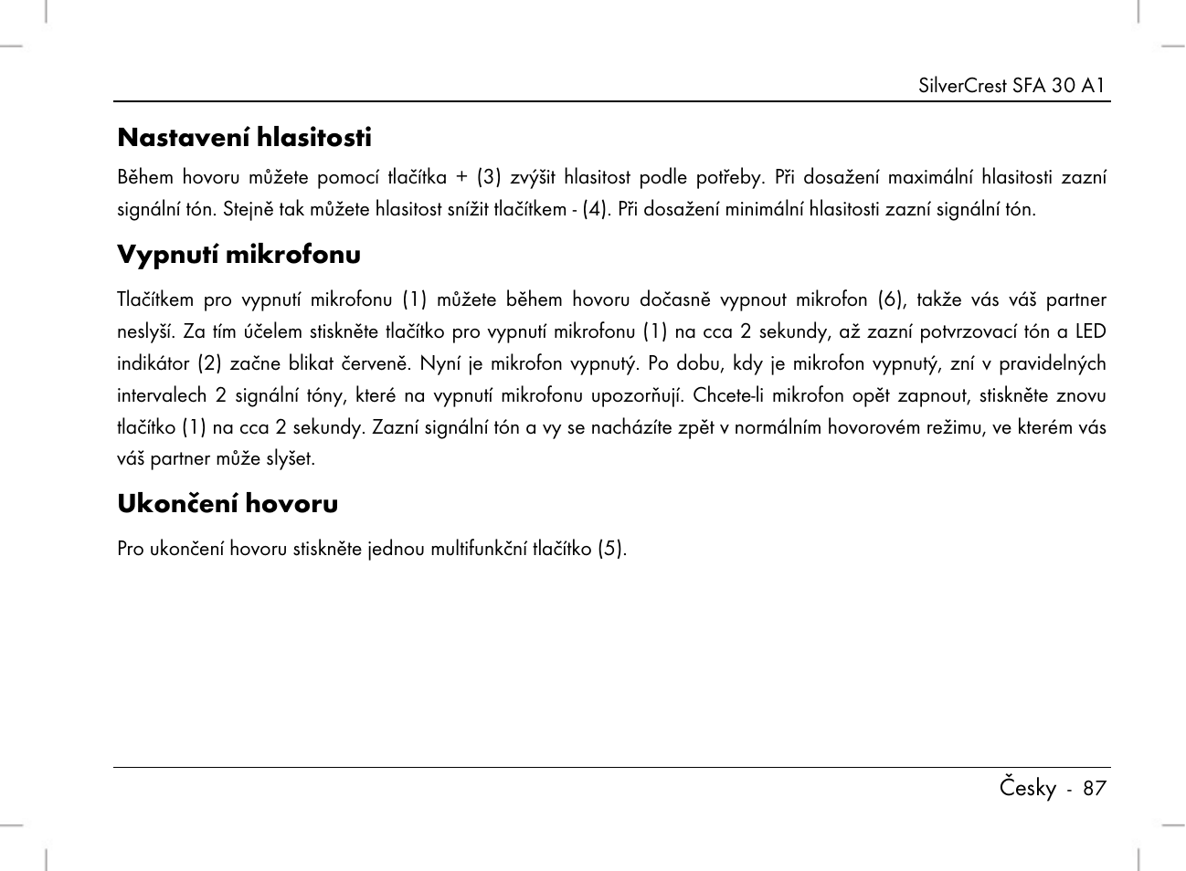 Nastavení hlasitosti, Vypnutí mikrofonu, Ukončení hovoru | Silvercrest SFA 30 A1 User Manual | Page 89 / 144