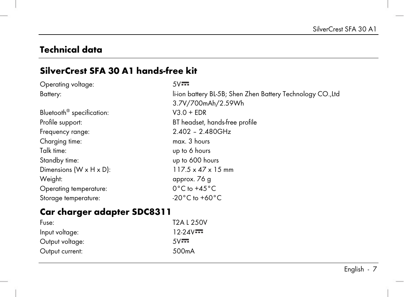 Car charger adapter sdc8311 | Silvercrest SFA 30 A1 User Manual | Page 9 / 144