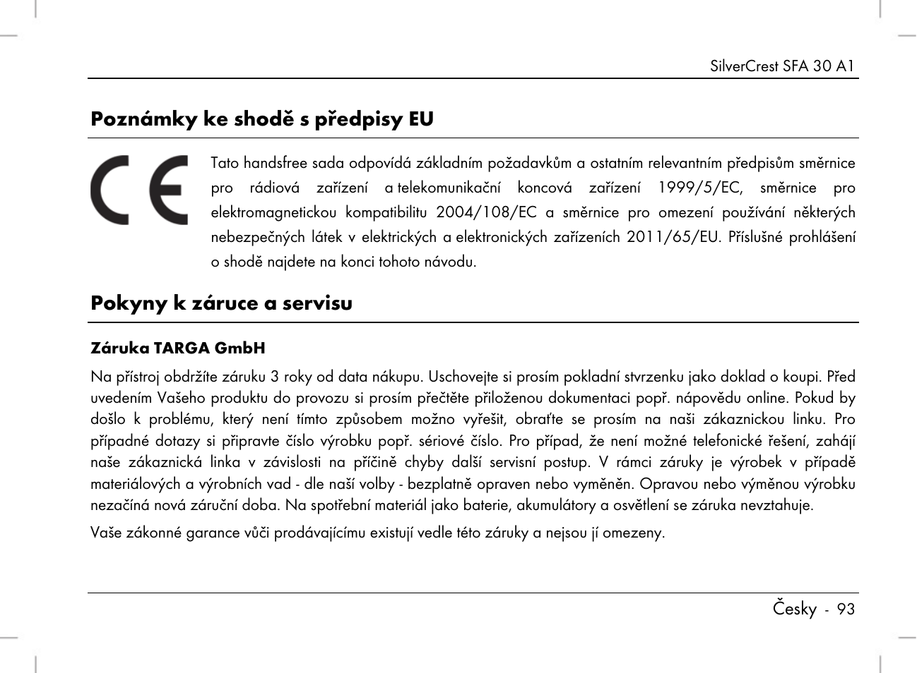 Poznámky ke shodě s předpisy eu, Pokyny k záruce a servisu | Silvercrest SFA 30 A1 User Manual | Page 95 / 144