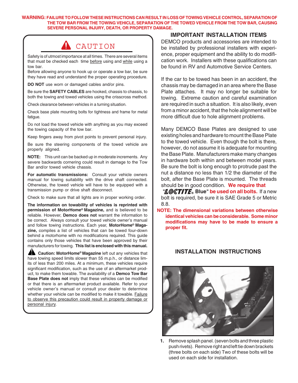 Caution, Important installation items, Installation instructions | Demco TP20094 User Manual | Page 2 / 8