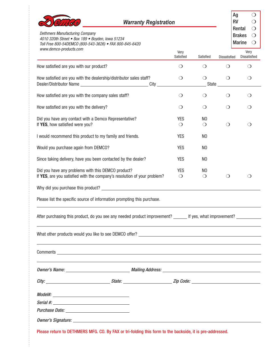 Warranty registration | Demco TP20094 User Manual | Page 5 / 8