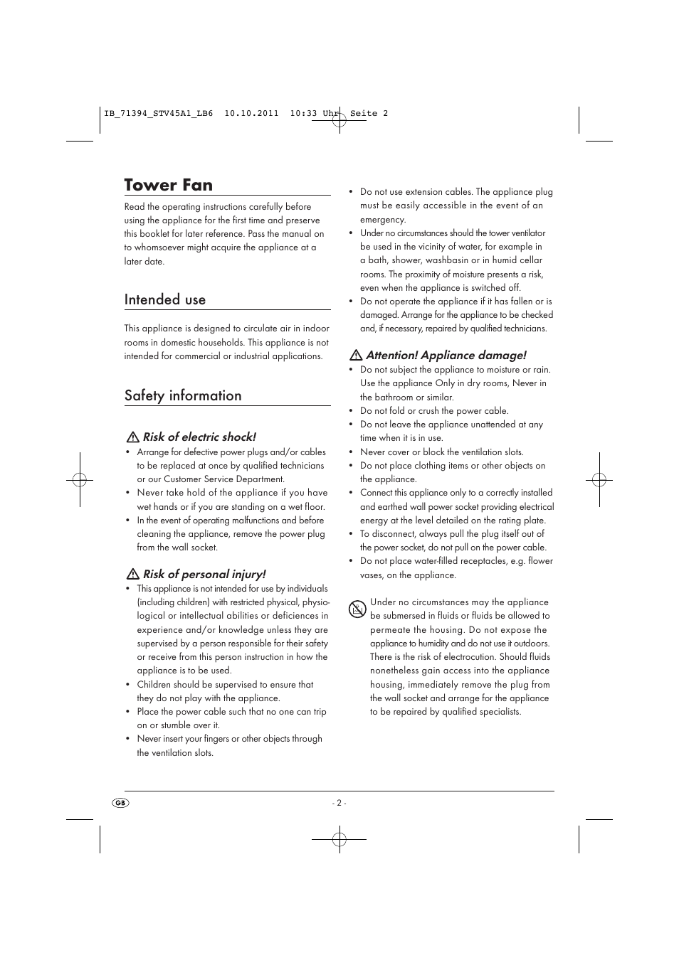 Tower fan, Intended use, Safety information | Risk of electric shock, Risk of personal injury, Attention! appliance damage | Silvercrest STV 45 A1 User Manual | Page 4 / 9