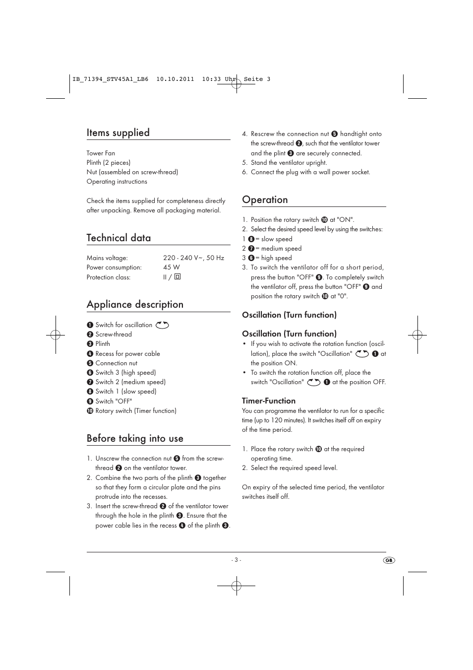 Items supplied, Technical data, Appliance description | Before taking into use, Operation, Oscillation (turn function), Timer-function | Silvercrest STV 45 A1 User Manual | Page 5 / 9