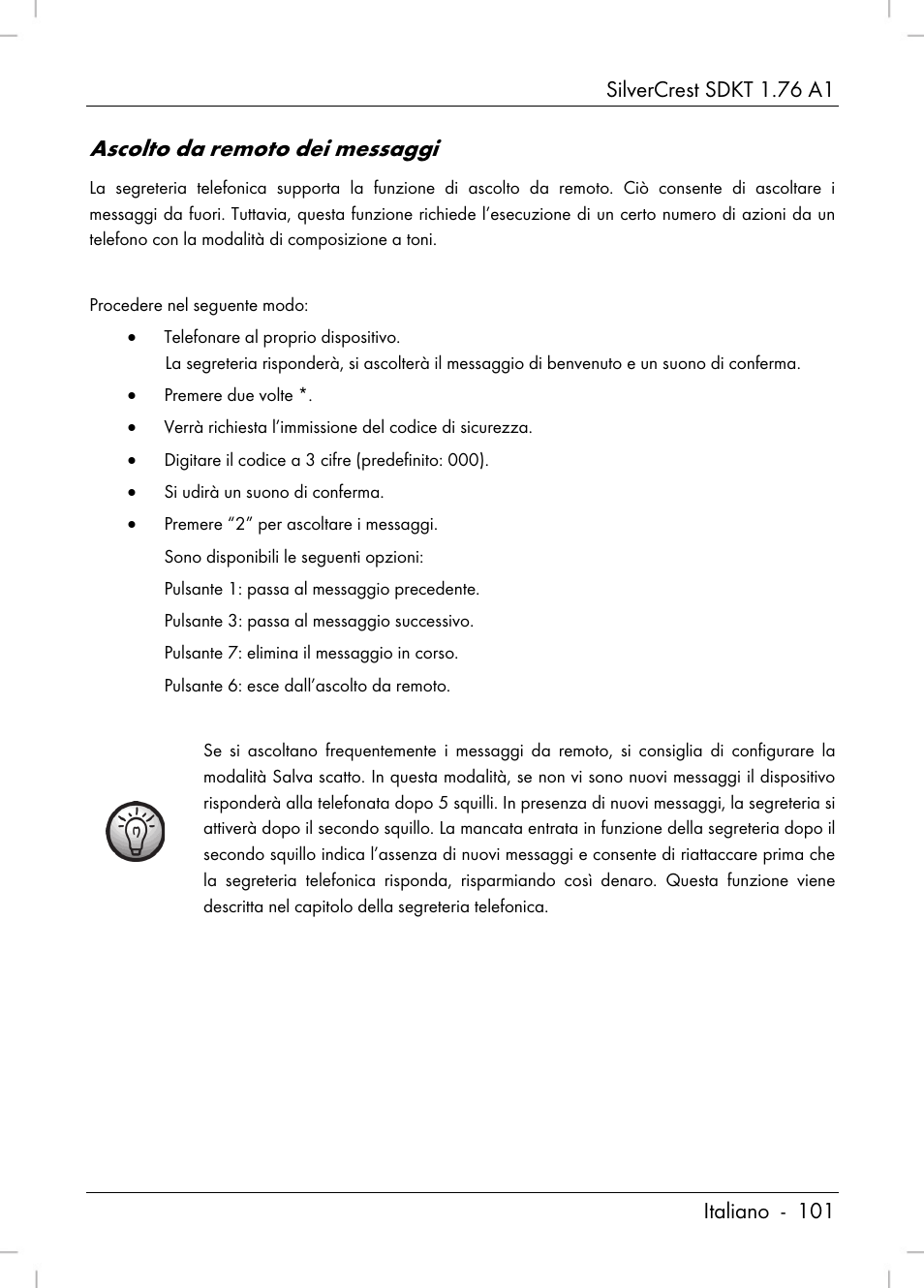 Ascolto da remoto dei messaggi | Silvercrest SDKT 1.76 A1 User Manual | Page 103 / 216