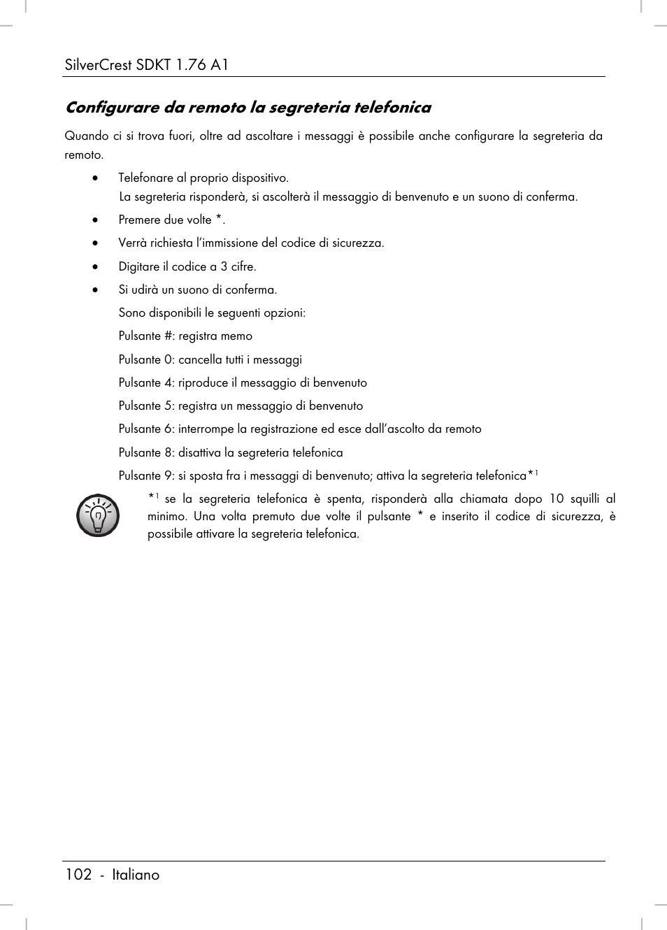 Configurare da remoto la segreteria telefonica | Silvercrest SDKT 1.76 A1 User Manual | Page 104 / 216