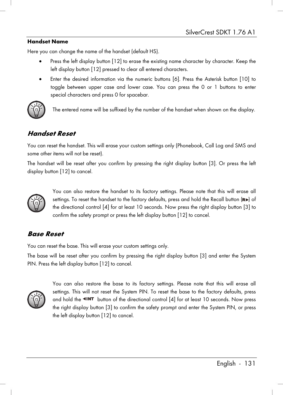 Handset reset, Base reset | Silvercrest SDKT 1.76 A1 User Manual | Page 133 / 216