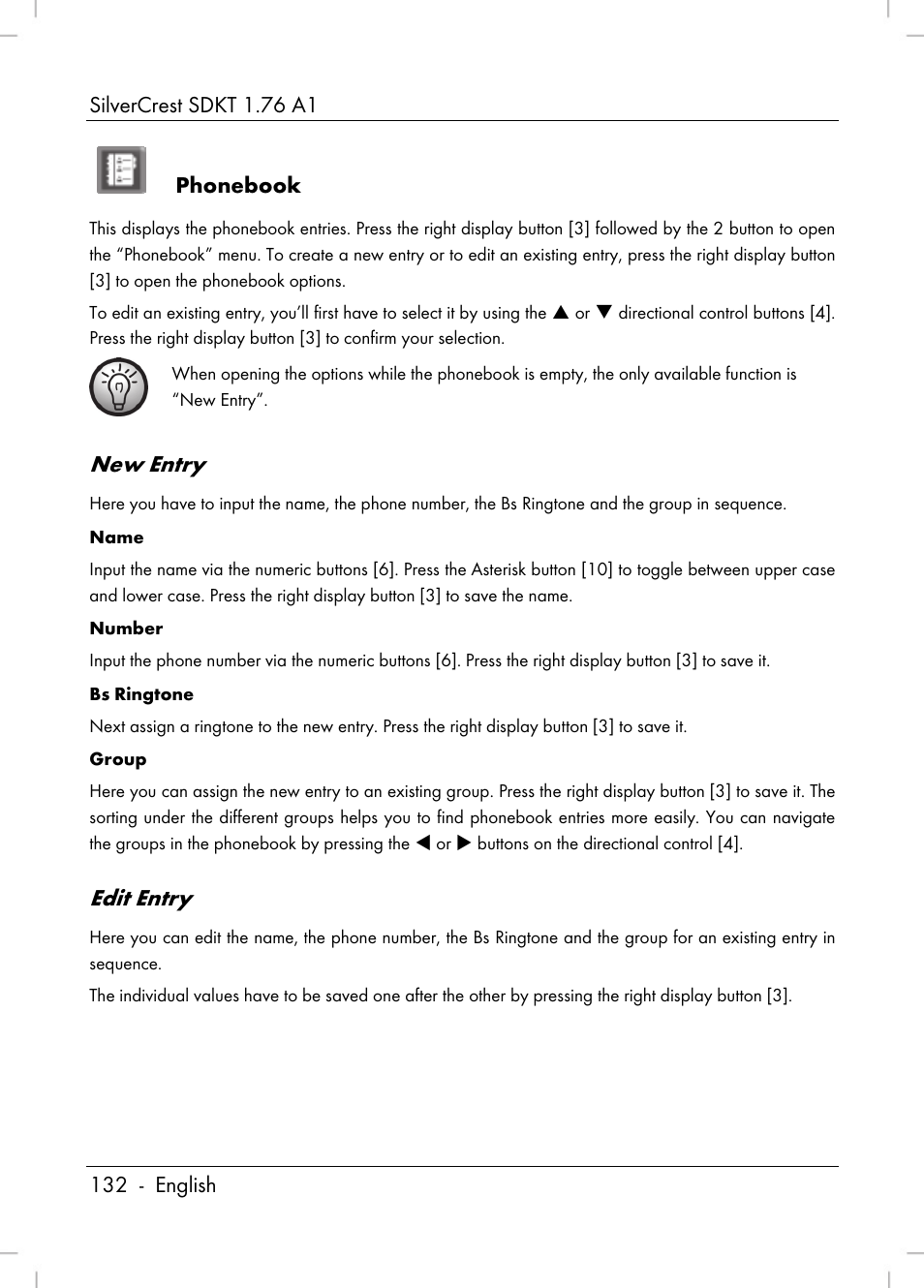 New entry, Edit entry, Phonebook | Silvercrest SDKT 1.76 A1 User Manual | Page 134 / 216