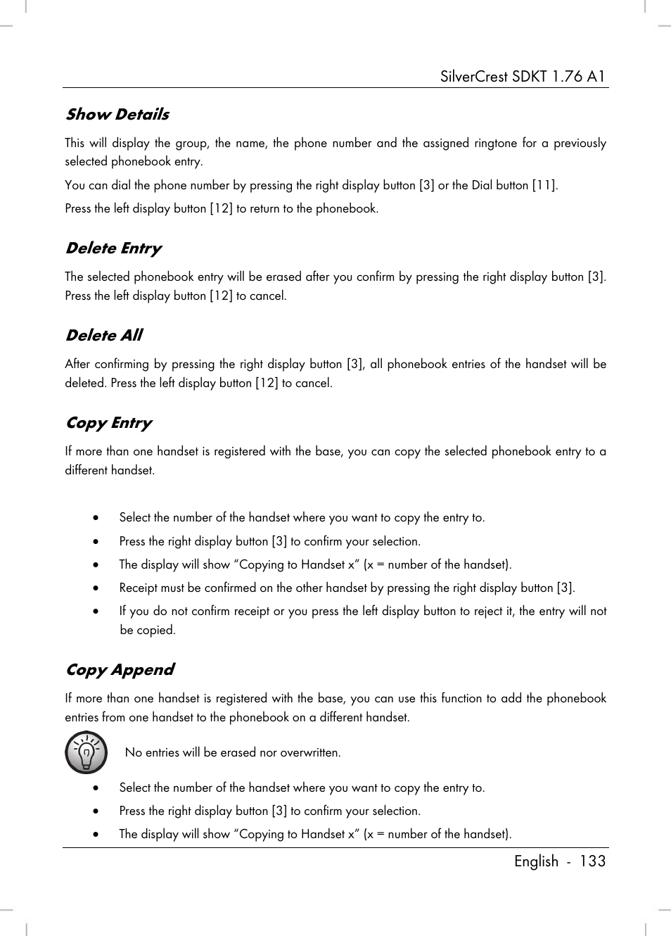 Show details, Delete entry, Delete all | Copy entry, Copy append | Silvercrest SDKT 1.76 A1 User Manual | Page 135 / 216
