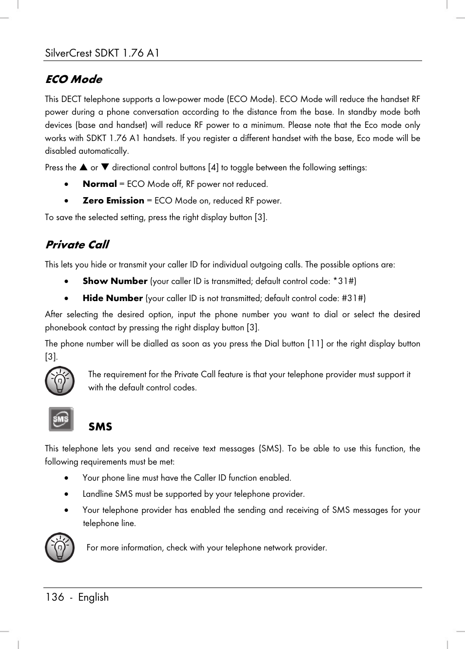 Eco mode, Private call | Silvercrest SDKT 1.76 A1 User Manual | Page 138 / 216