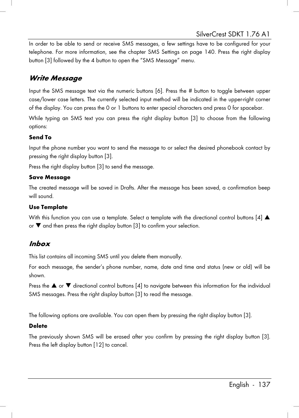 Write message, Inbox | Silvercrest SDKT 1.76 A1 User Manual | Page 139 / 216