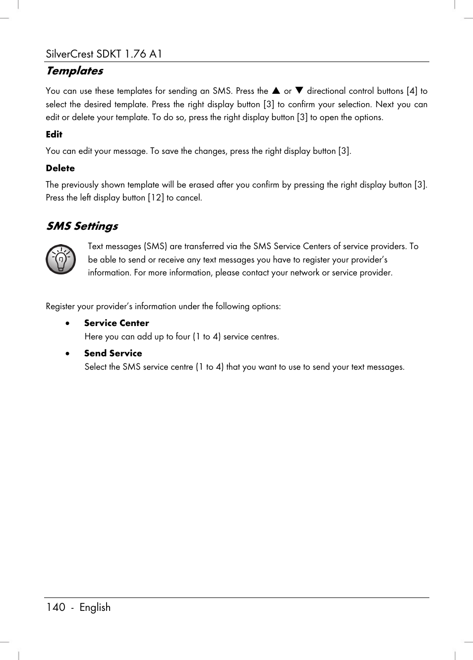 Templates, Sms settings | Silvercrest SDKT 1.76 A1 User Manual | Page 142 / 216
