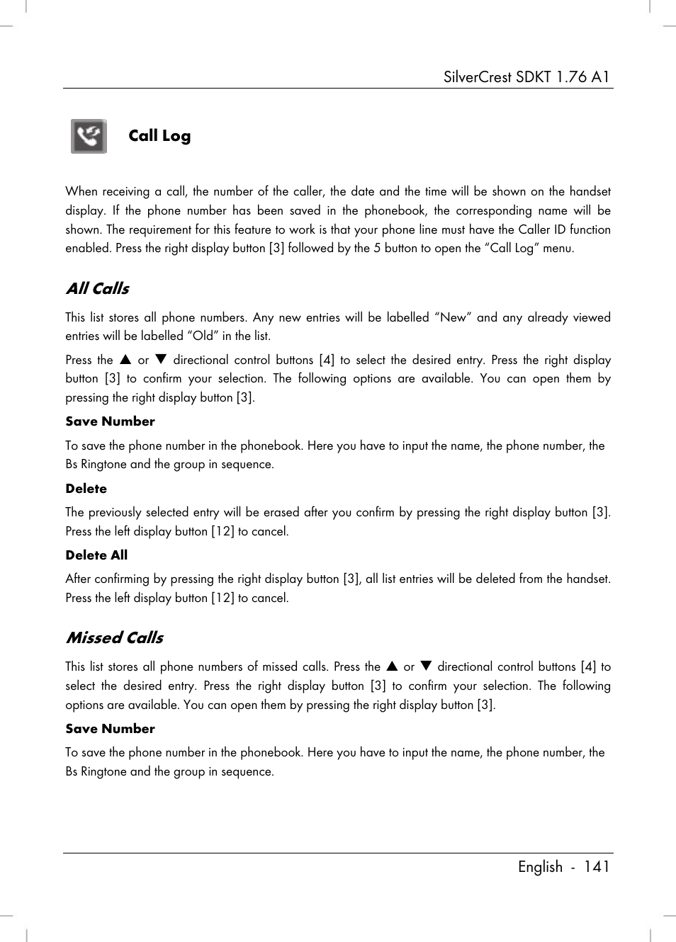 All calls, Missed calls, Call log | Silvercrest SDKT 1.76 A1 User Manual | Page 143 / 216